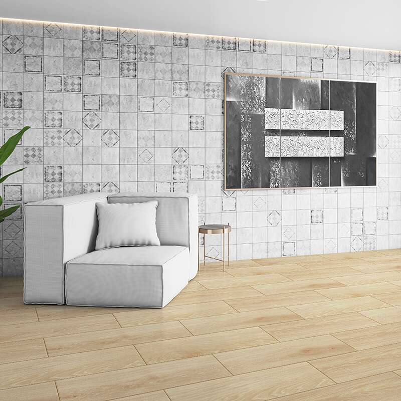 Modern lobby interior with window and city view, armchair, decor