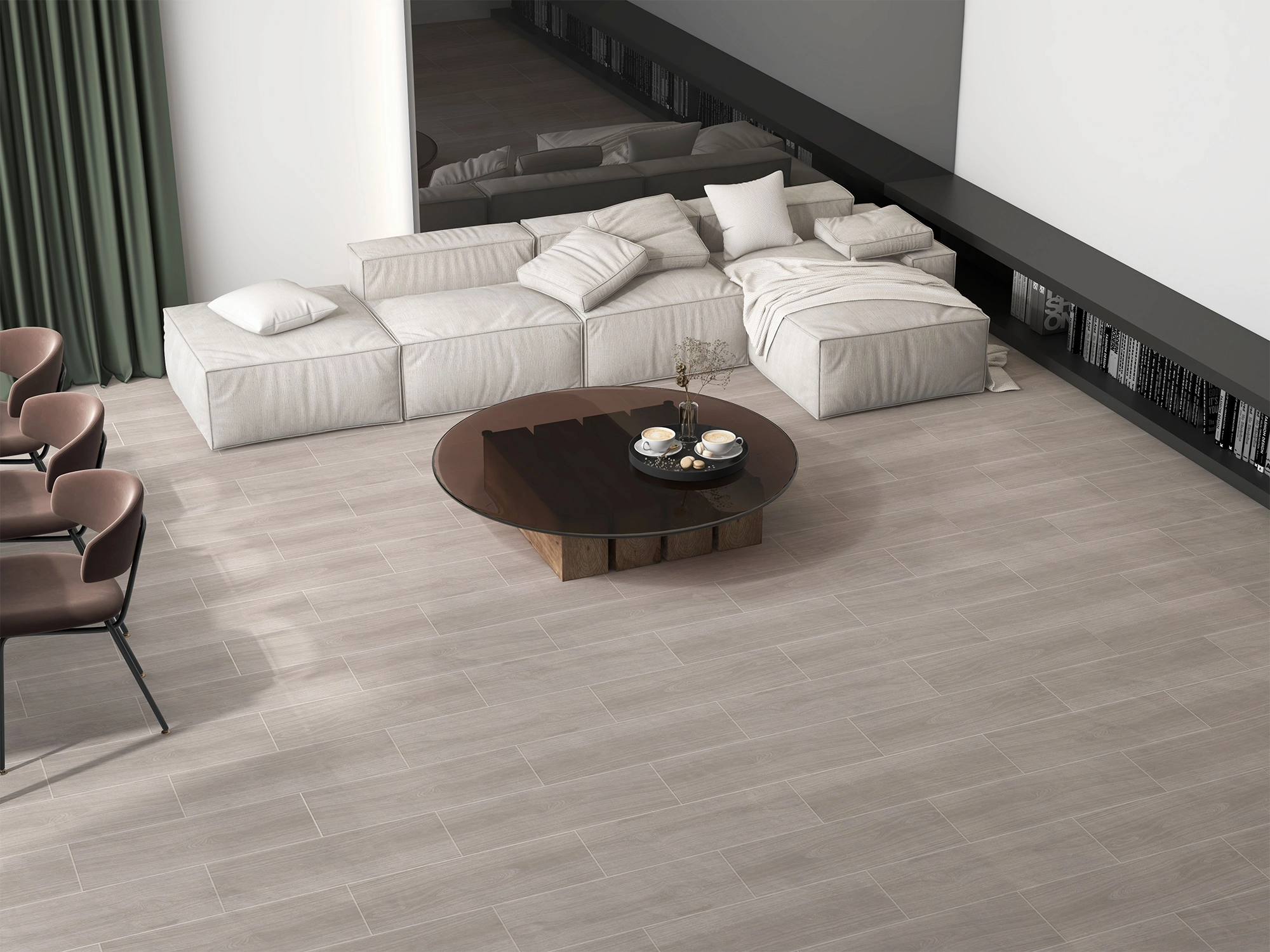 Sala espaciosa con sofá gris claro, centro de mesa de madera, y piso de cerámico madera lignum greige color gris