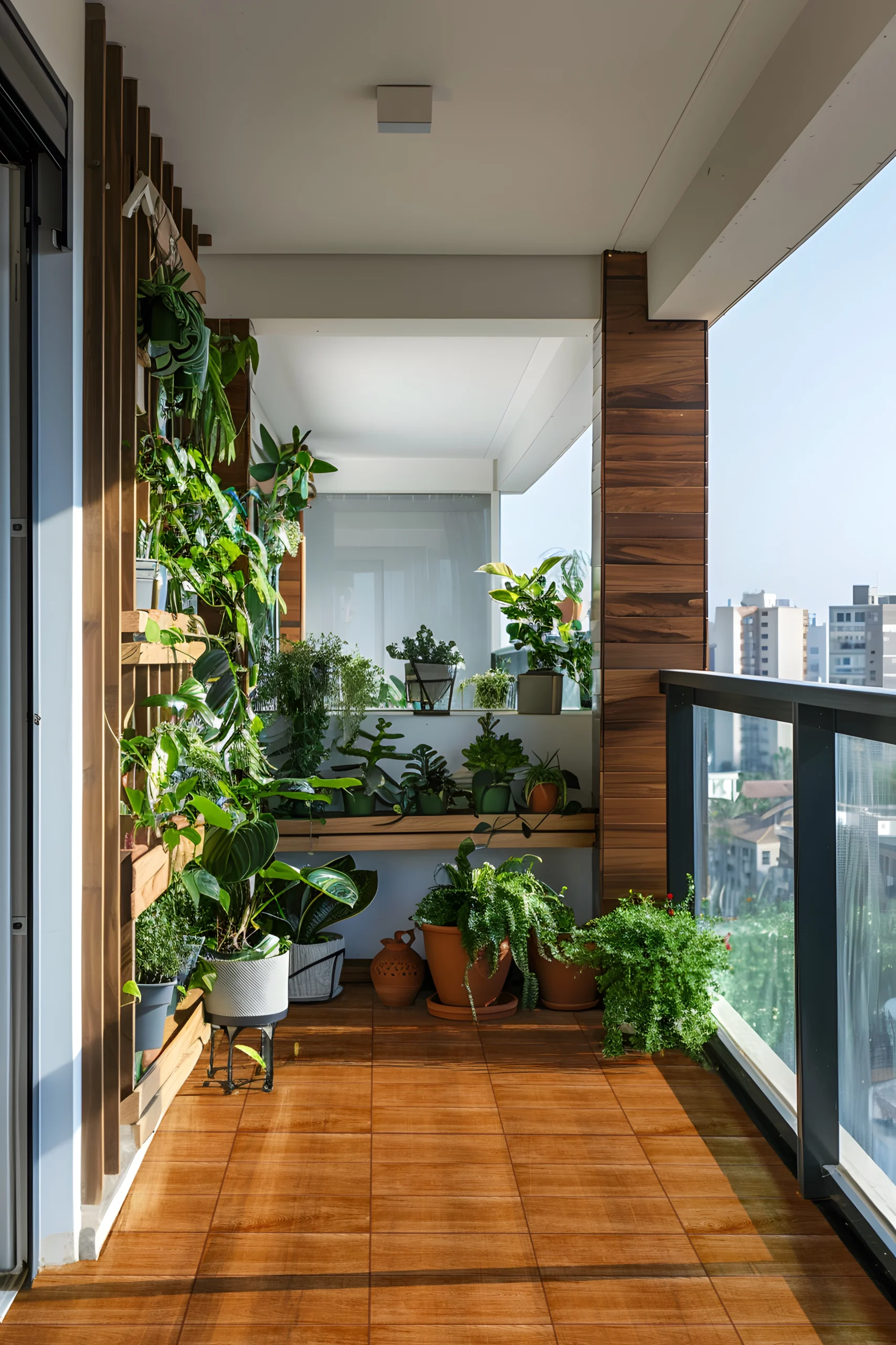 Terraza con vista a la ciudad, adornada con plantas de exterior pequeñas y un piso de cerámica madera Kairos Caramelo