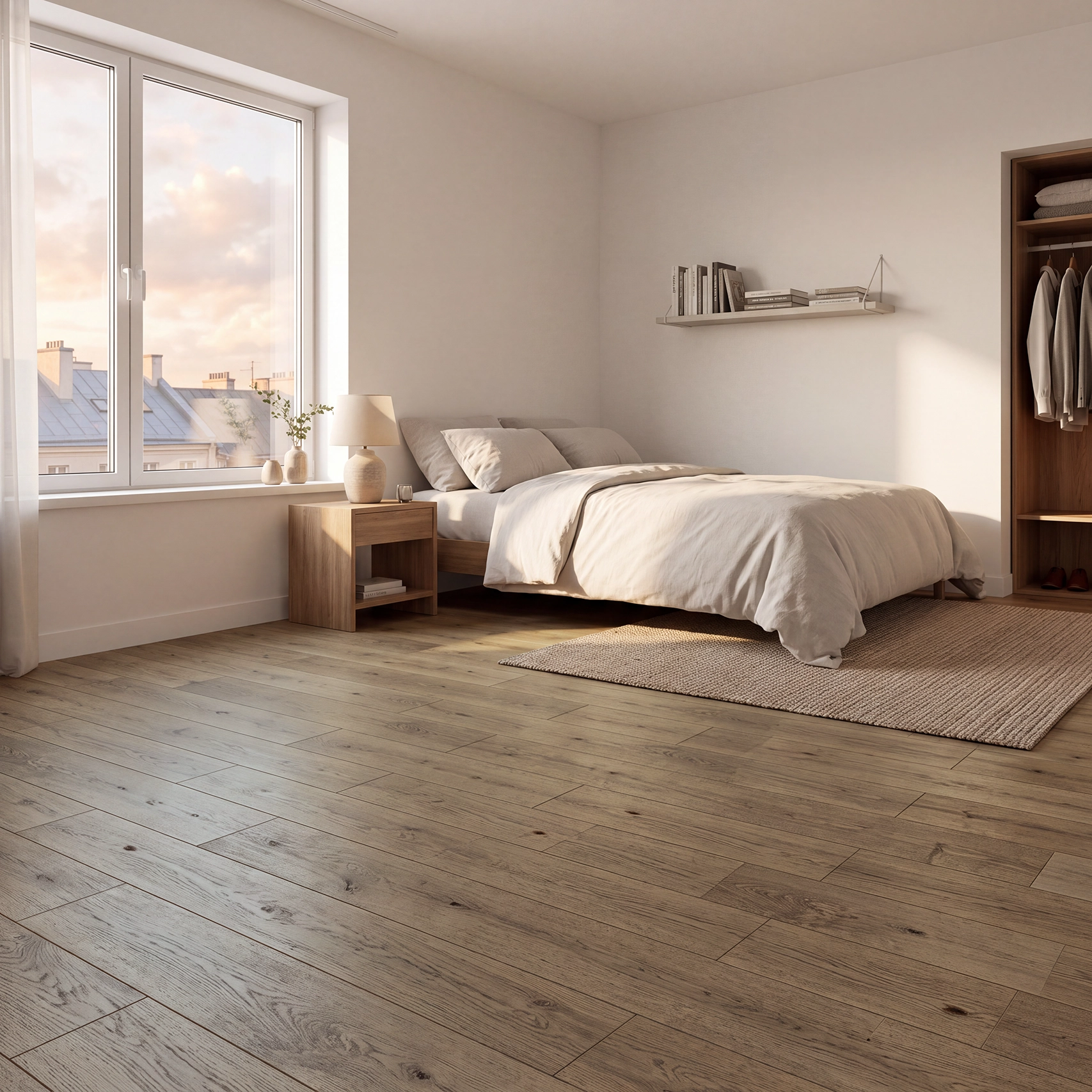 Dormitorio iluminado, ventanal alto, cama de una plaza y piso de cerámica madera Italy Brown, colección Sylva de Cerámicos Gala.