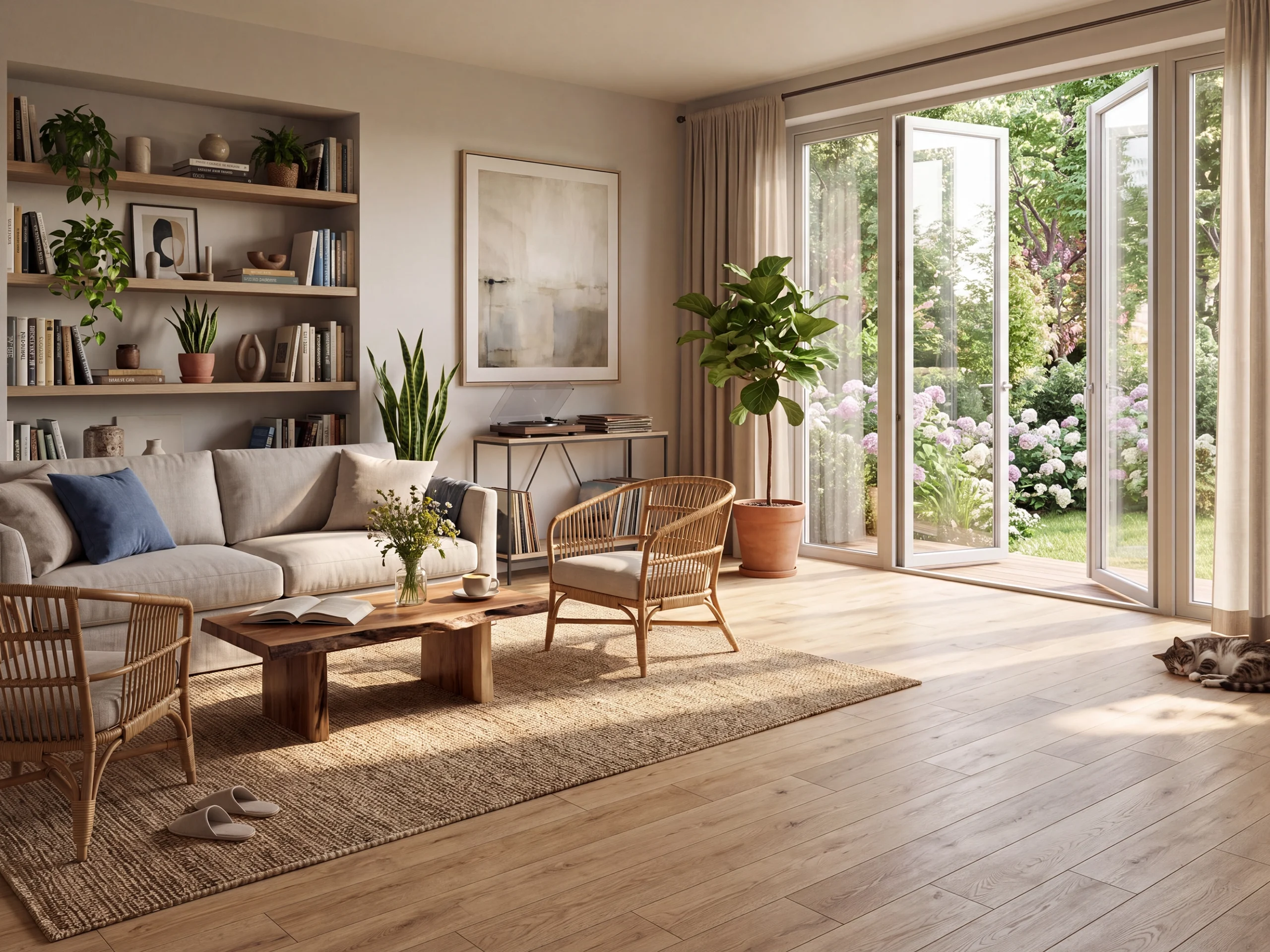 Sala amplia con sofá y centro de mesa de madera que resalta el piso de cerámica madera Italy Natural colección Sylva de Cerámicos Gala