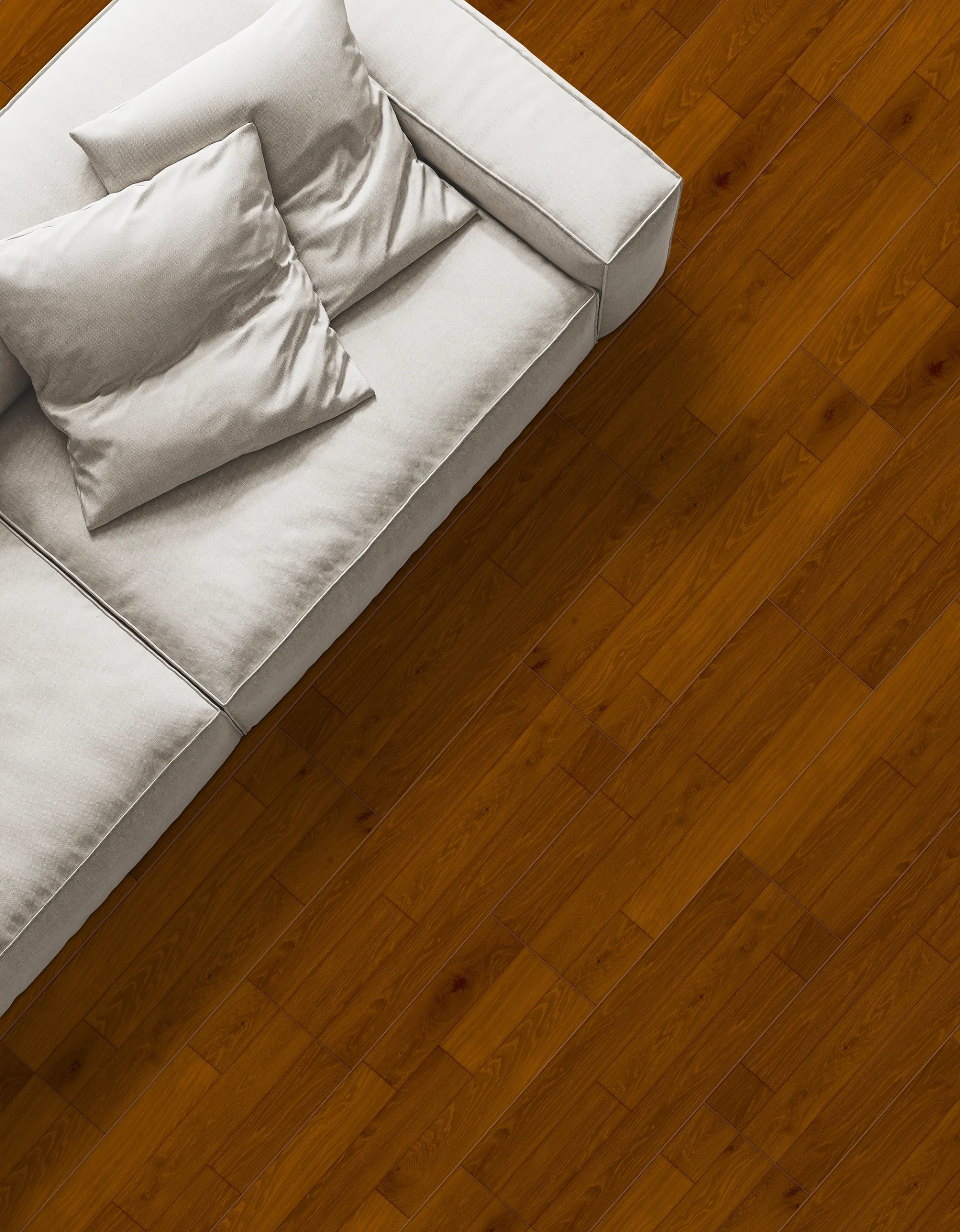 Sofá blanco y piso de cerámica madera Merbau, colección Sylva de Cerámicos Gala
