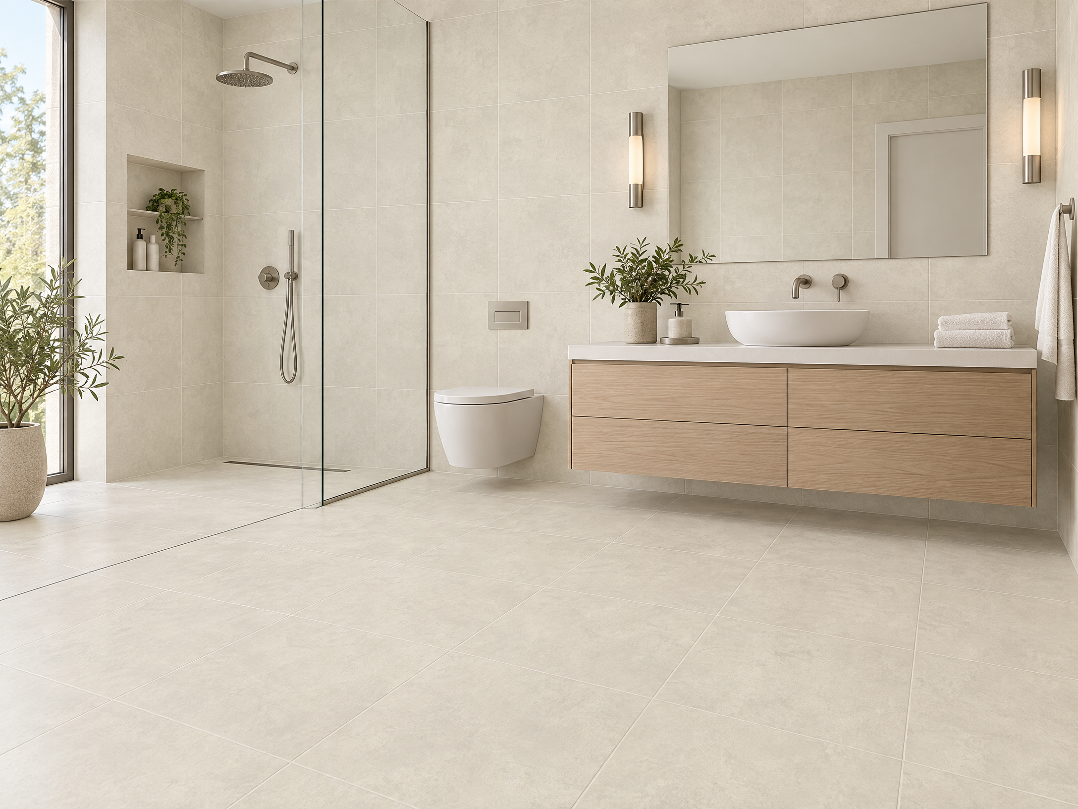 Baño amplio de estilo rústico con repisas de madera y piso de cerámico rústico Bari Beige, colección Materia 46x46 de Cerámicos Gala