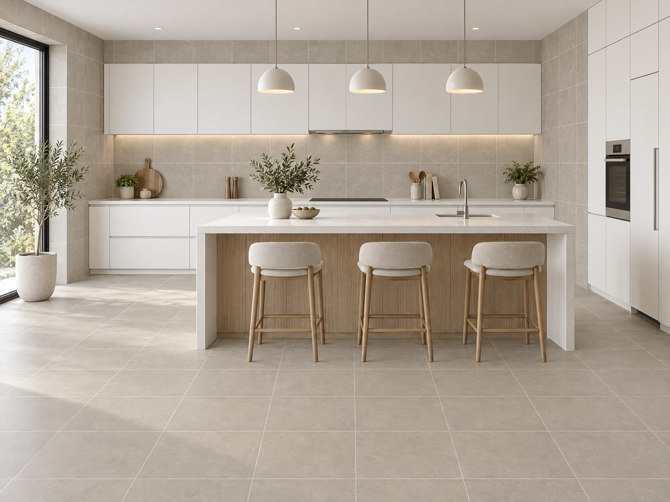 Cocina amplia, con gran iluminación de aspecto rústico, isla de mármol y piso de cerámico rústico Bari Beige, colección Materia 46x46 de Cerámicos Gala
