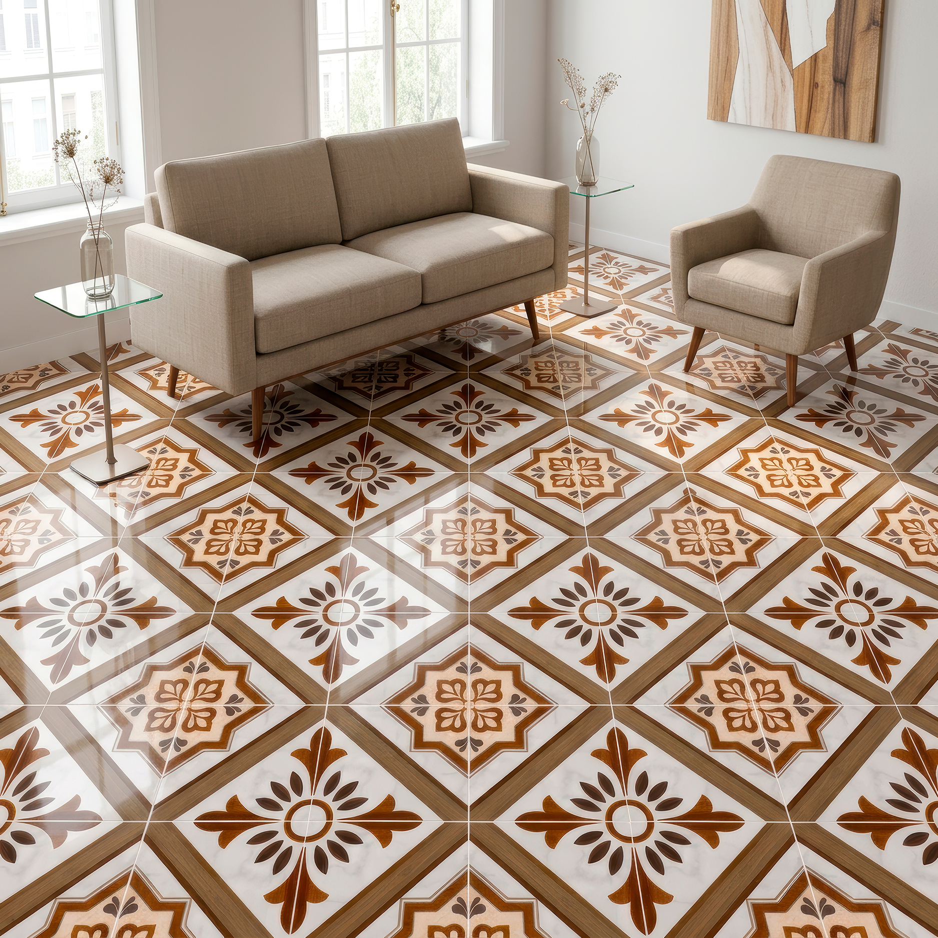 CERÁMICA MÁRMOL BOGGIO AMBIENTE Sala iluminada, sofá beige en piso de cerámica mármol Boggio, colección Materia 46x46 de Cerámicos Gala
