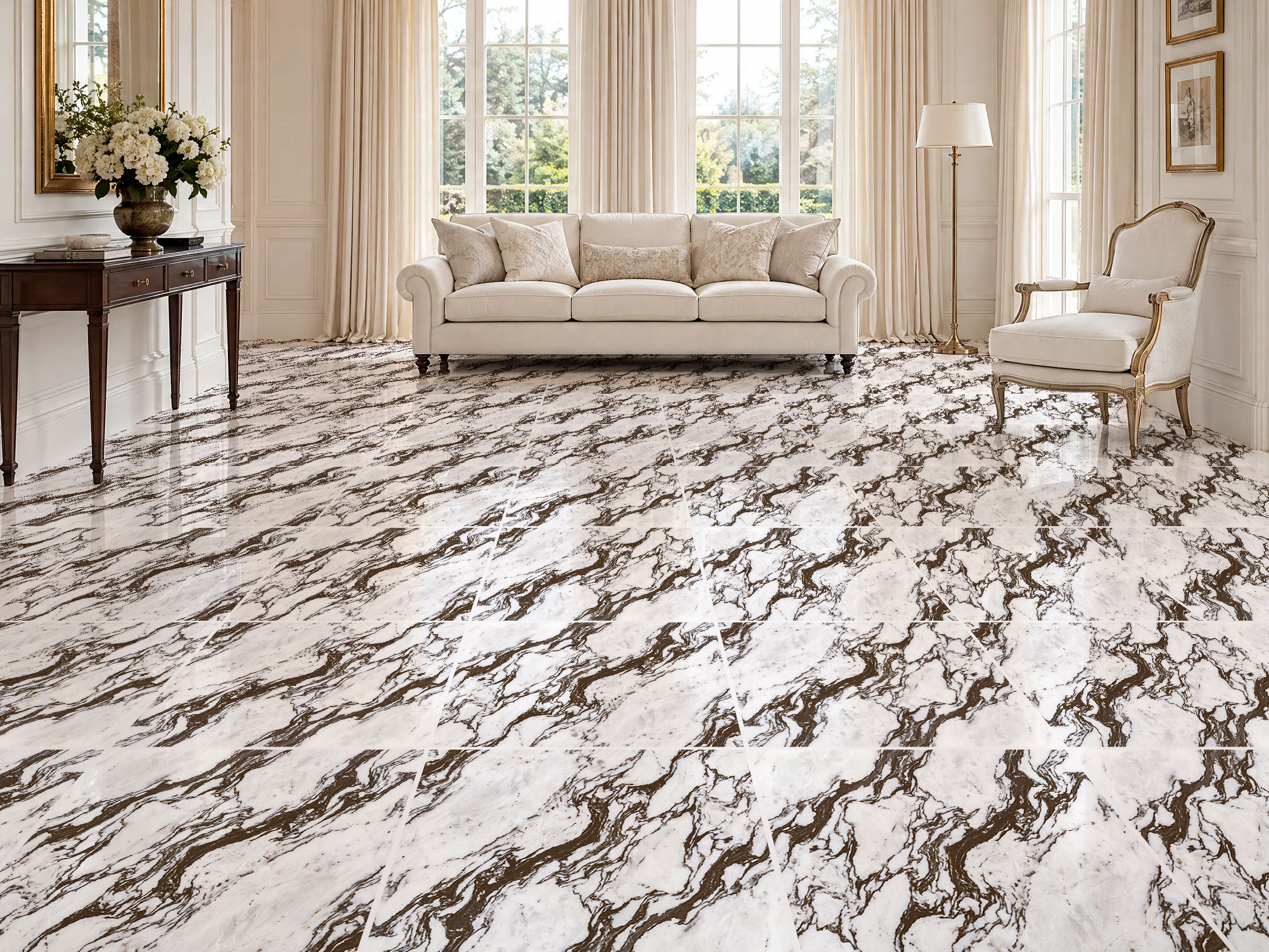 CERÁMICA MÁRMOL CARPEM AMBIENTE Sala luminosa con estilo tradicional, soffá beige y piso de cerámica mármol Carpem, colección Materia 46x46 de Cerámicos Gala