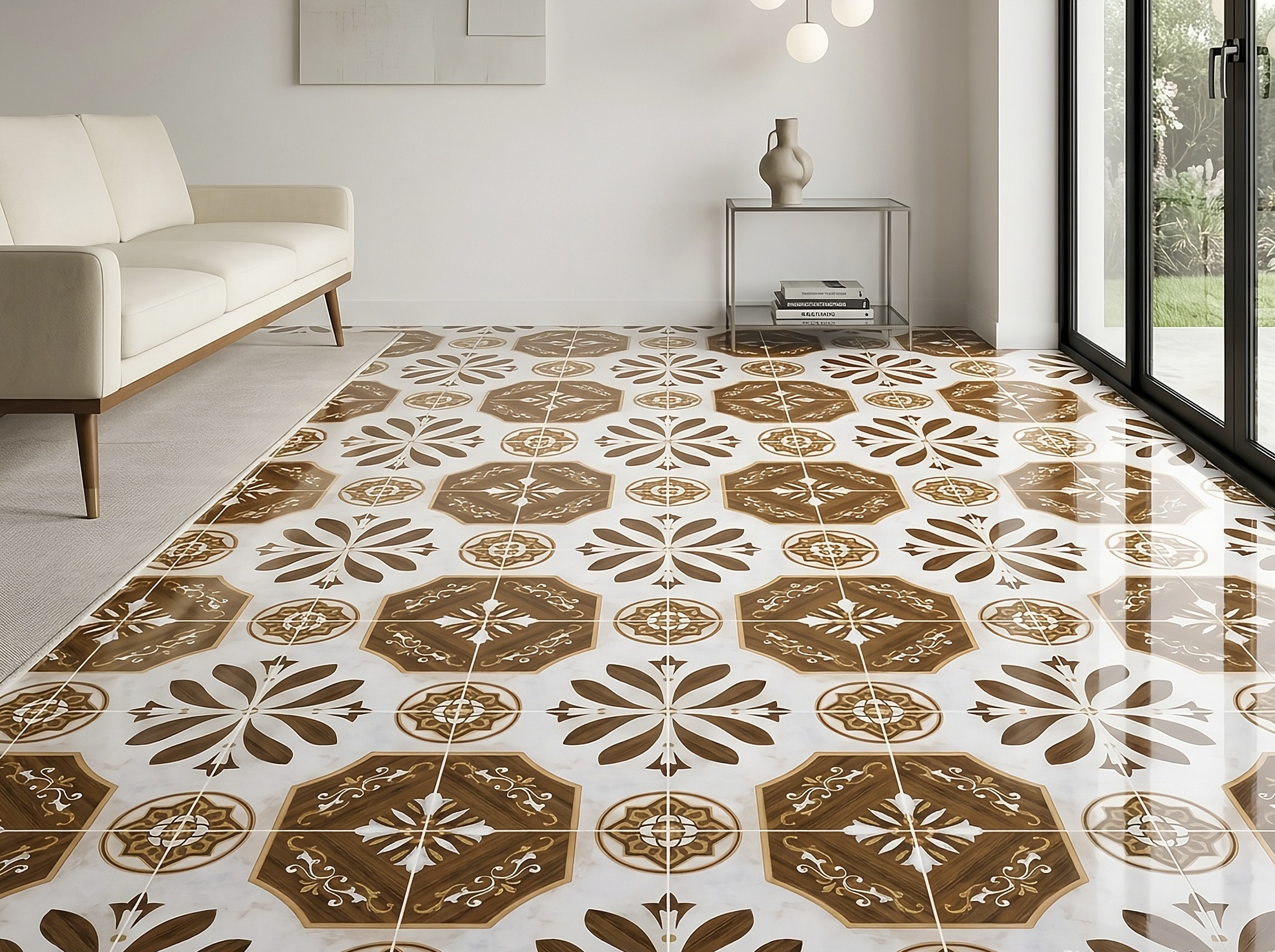 CERÁMICA MÁRMOL CLARK BROWN AMBIENTE Sala luminosa con sillón blanco hueso y piso de cerámica mármol Clark Brown, colección Materia 46x46 de Cerámicos Gala