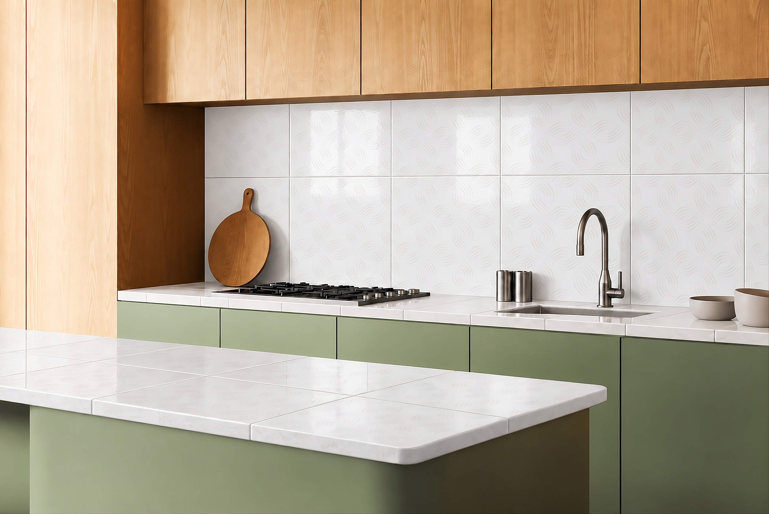 CERÁMICO LISO LACCIO BLANCO AMBIENTE Cocina luminosa con repisas de madera y bladosas de pared de cerámico liso Laccio Blanco, colección Materia 46x46 de Cerámicos Gala