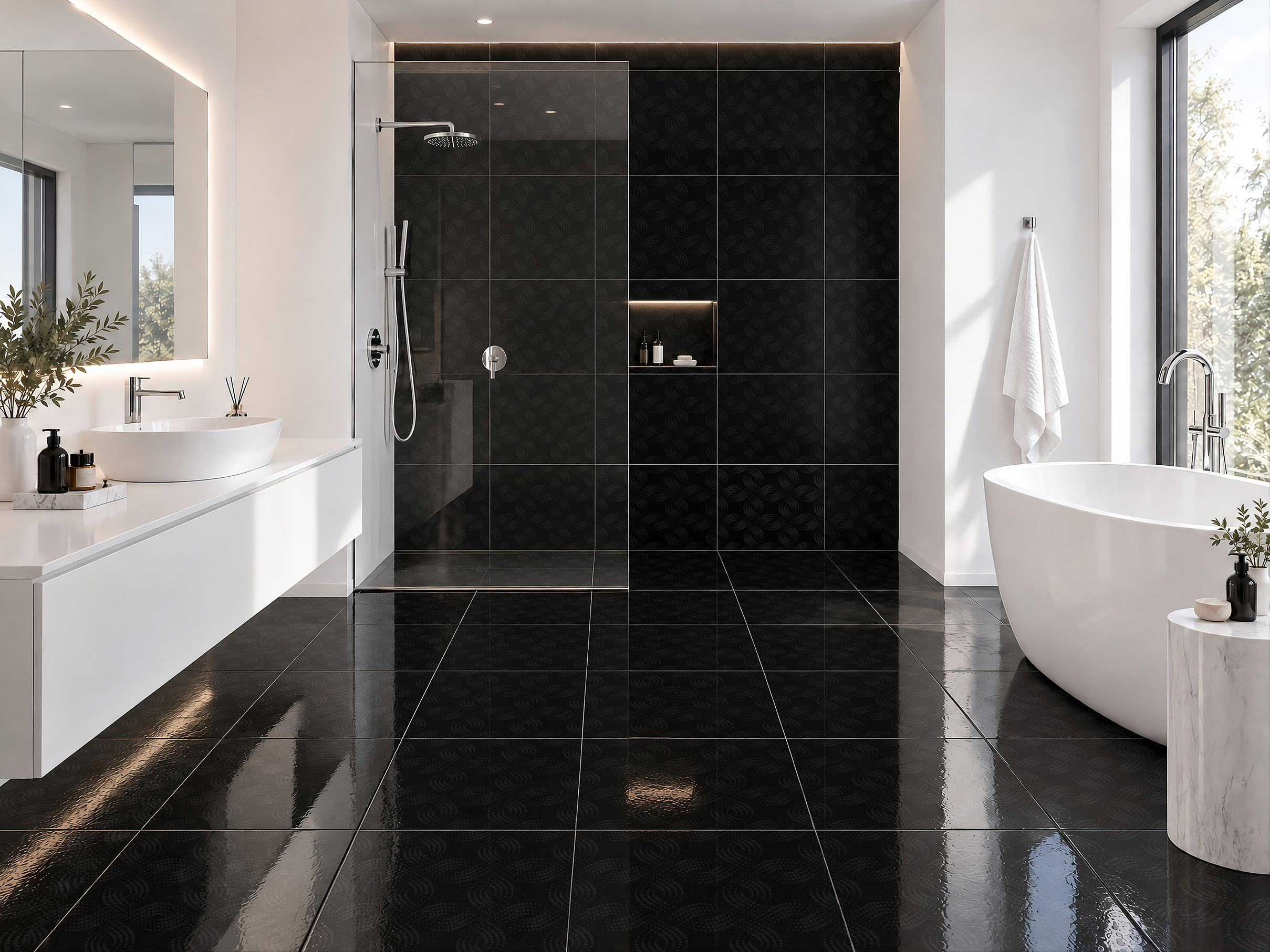 CERÁMICO LISO LACCIO NEGRO AMBIENTE Baño moderno blanco y negro con lavamanos de mármol y piso de cerámico liso Laccio Negro, colección Materia 46x46 de Cerámicos Gala