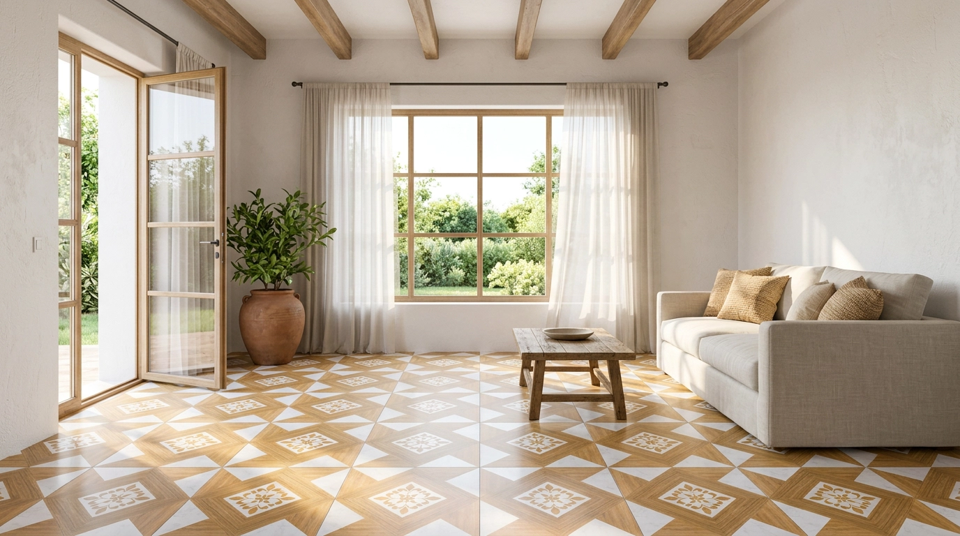 Cerámica madera Leia ambiente Sala luminosa con un sofá blanco y un piso de cerámica madera Leia, colección Materia de Cerámicos Gala