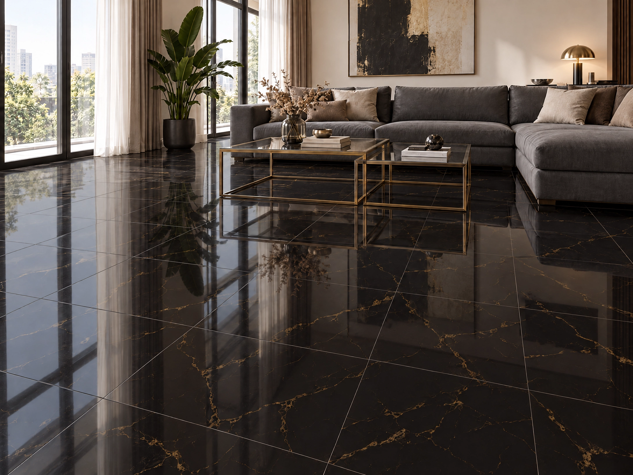 Sala elegante con gran iluminación, sofá gris y piso de cerámica mármol Noir, colección Materia 46x46 de Cerámicos Gala