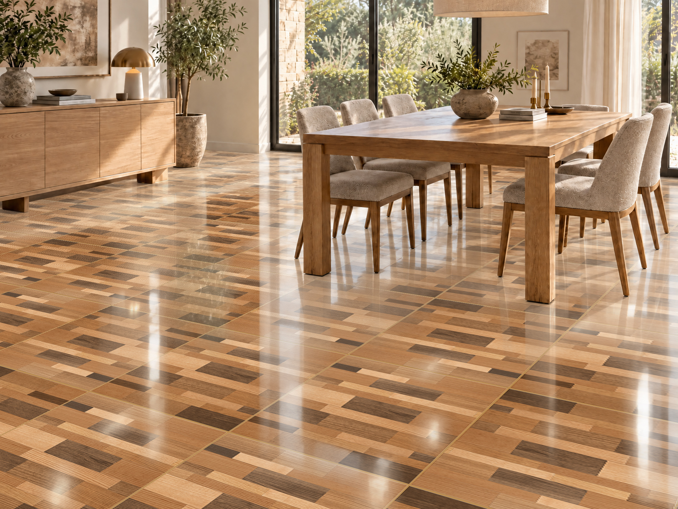Comedor de madera con gran iluminación y un piso de cerámica madera Parquet Dakota, colección Materia 46x46 de Cerámicos Gala