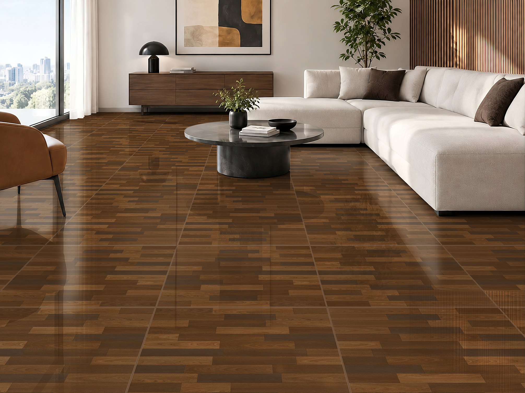 CERÁMICA MADERA PARQUET JAVA AMBIENTE Sala iluminada, sofá blanco en piso de cerámica madera Parquet Java, colección Materia 46x46 de Cerámicos Gala