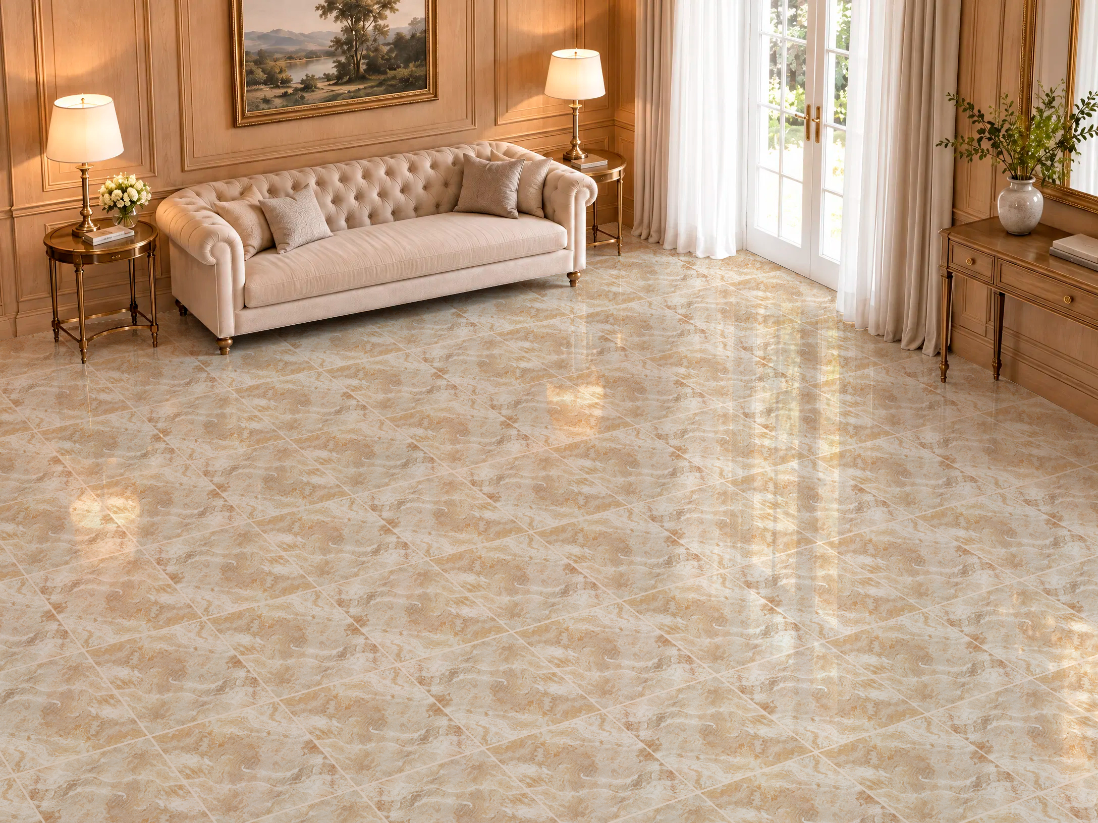 CERÁMICA MÁRMOL PRISCILA AMBIENTE Sala luminosa con estilo tradicional, soffá beige y piso de cerámica mármol Priscila, colección Materia 46x46 de Cerámicos Gala
