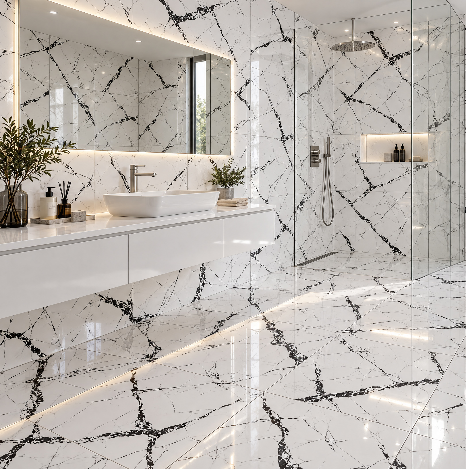 Baño iluminado moderno con baldosas de piso y pared de cerámica mármol Seya, colección Materia 46x46 de Cerámicos Gala