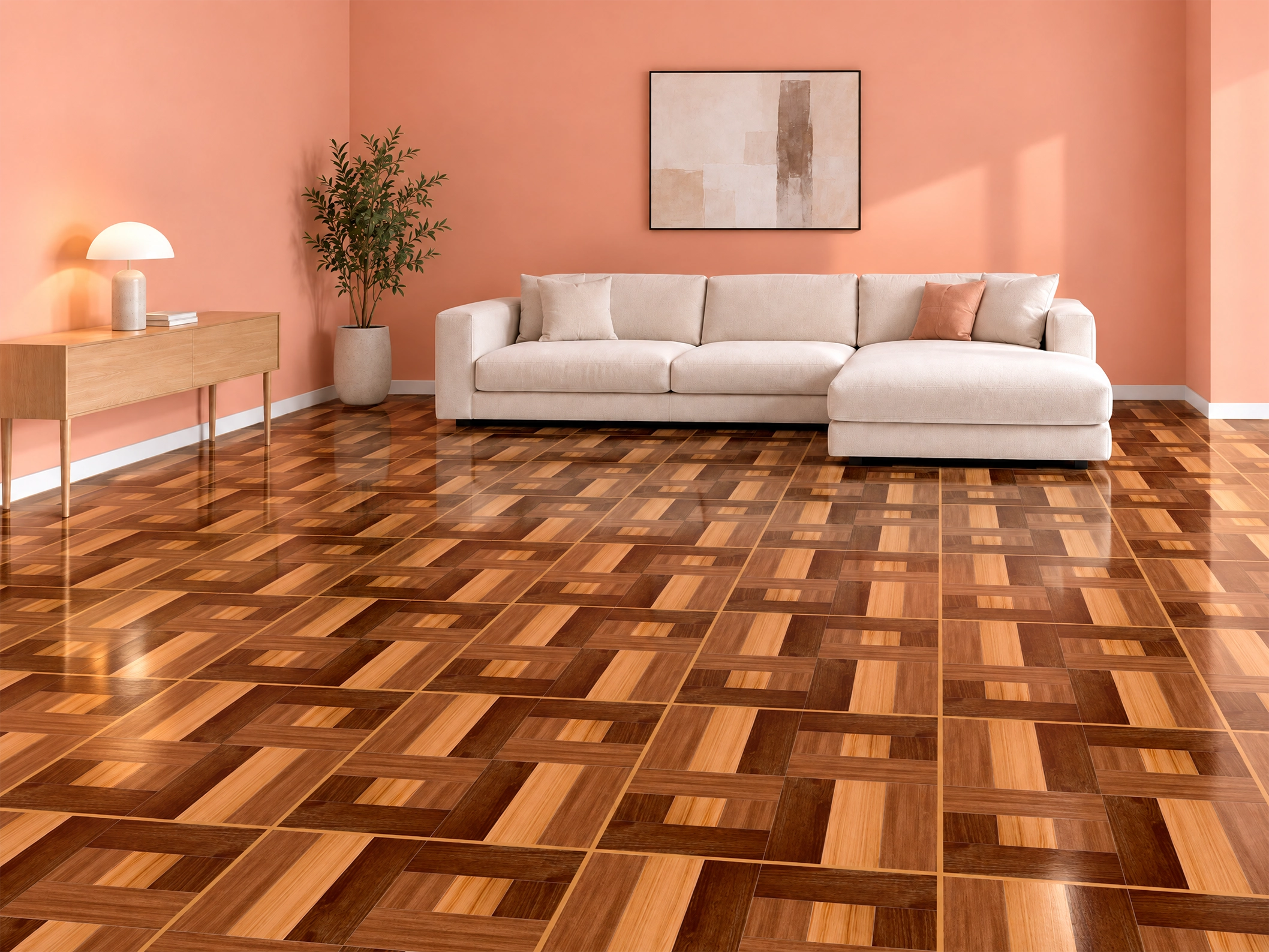 CERÁMICA MADERA TANDEM AMBIENTE Sala iluminada, sofá blanco en piso de cerámica madera Tandem, colección Materia 46x46
