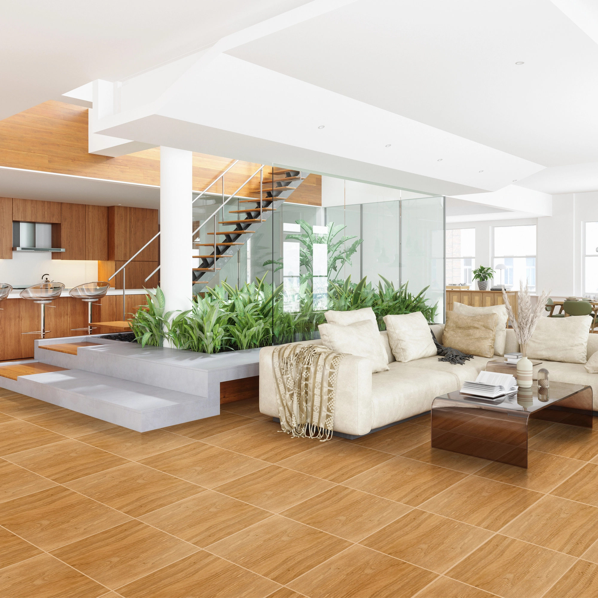 Sala espaciosa con sofás color hueso, plantas de interiores, mesa central de madera y un piso de cerámica madera Arizal Miel, colección Ecos de Cerámicos Gala
