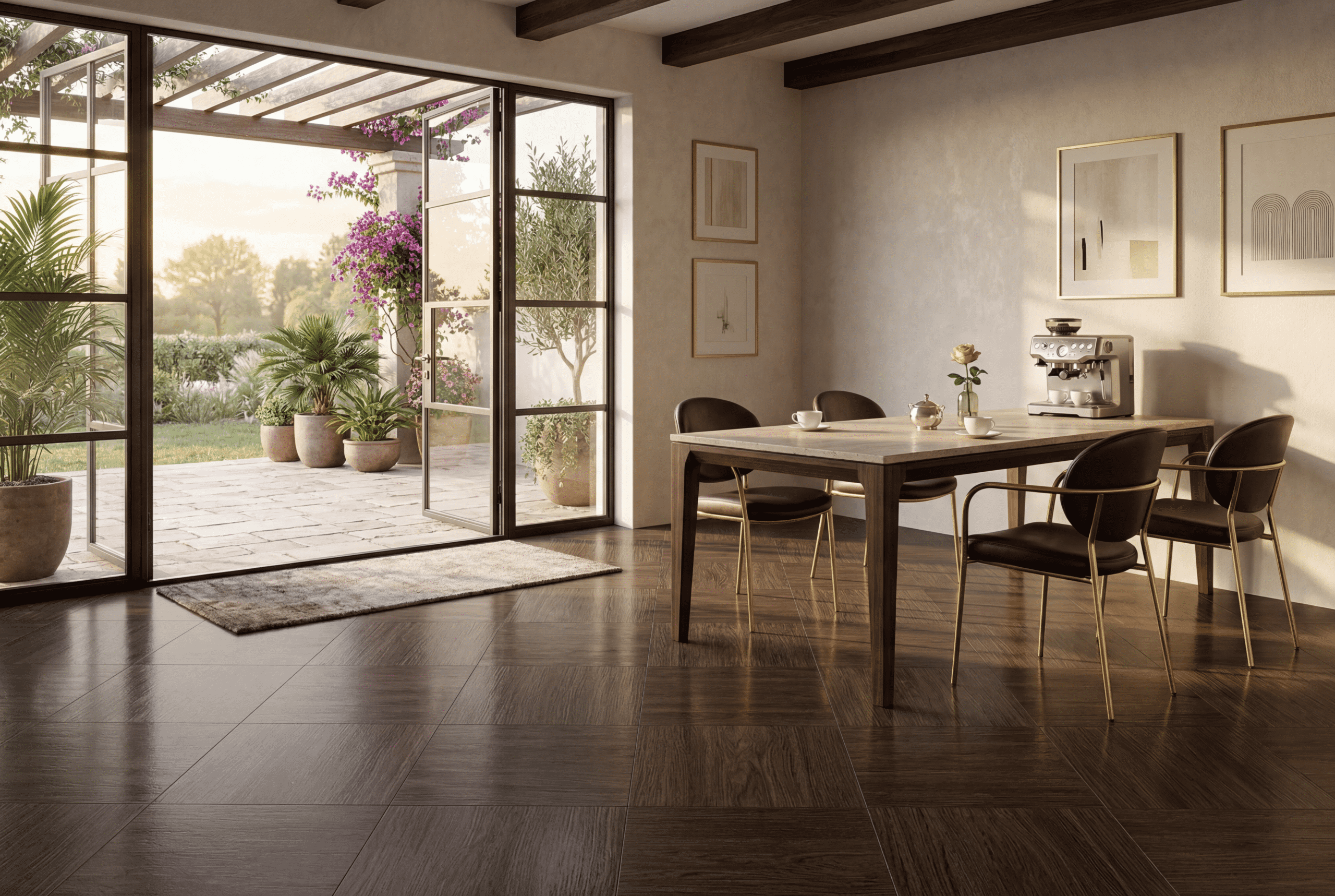 Sala luminosa, con ventanal alto y vista al patio, muebles de madera y piso cerámica madera Encino Café, colección Ecos, Cerámicos Gala