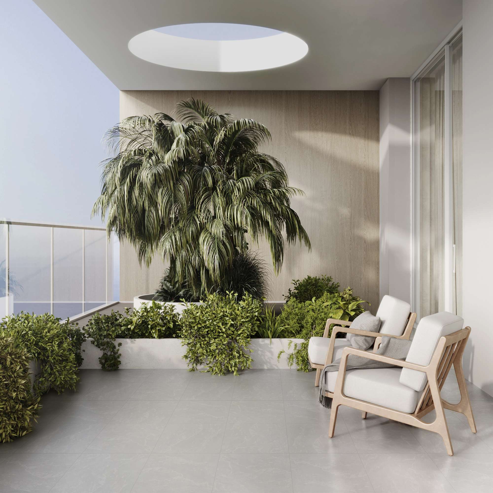 Exterior terraza adornado con plantas de ambiente y asientos de madera color beige, con un piso de cerámica mármol Grisel, colección Ecos de Cerámicos Gala