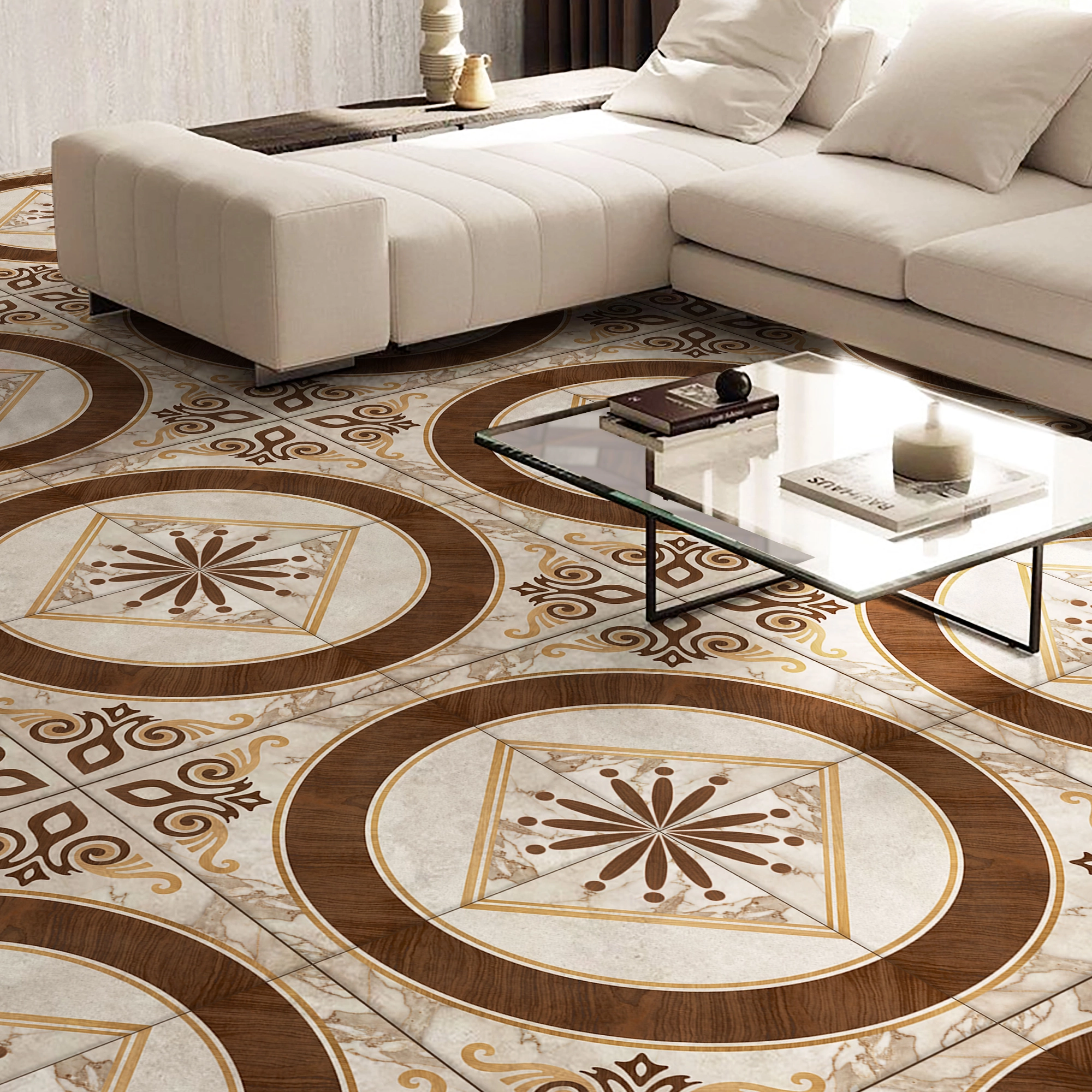 Sala elegante con sillón en L color hueso y piso de cerámica madera Medallo, colección Ecos de Cerámicos Gala