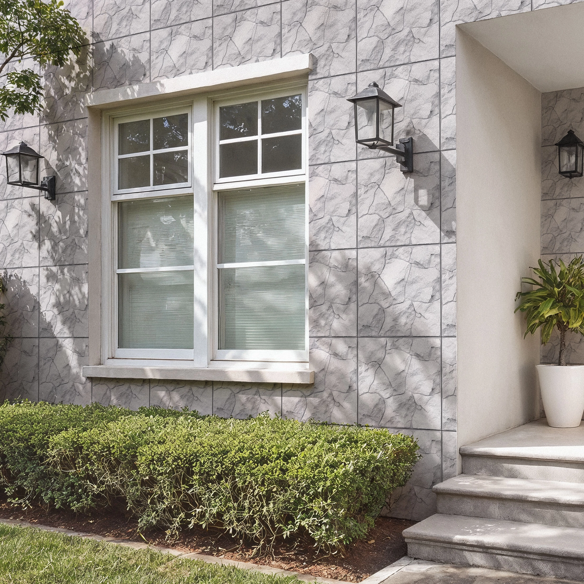 Fachada de cas luminosa, con gran ventana blanca y arbustos al rededor, con enchapado de cerámica piedra San Blas, colección Ecos de Cerpamicos Gala
