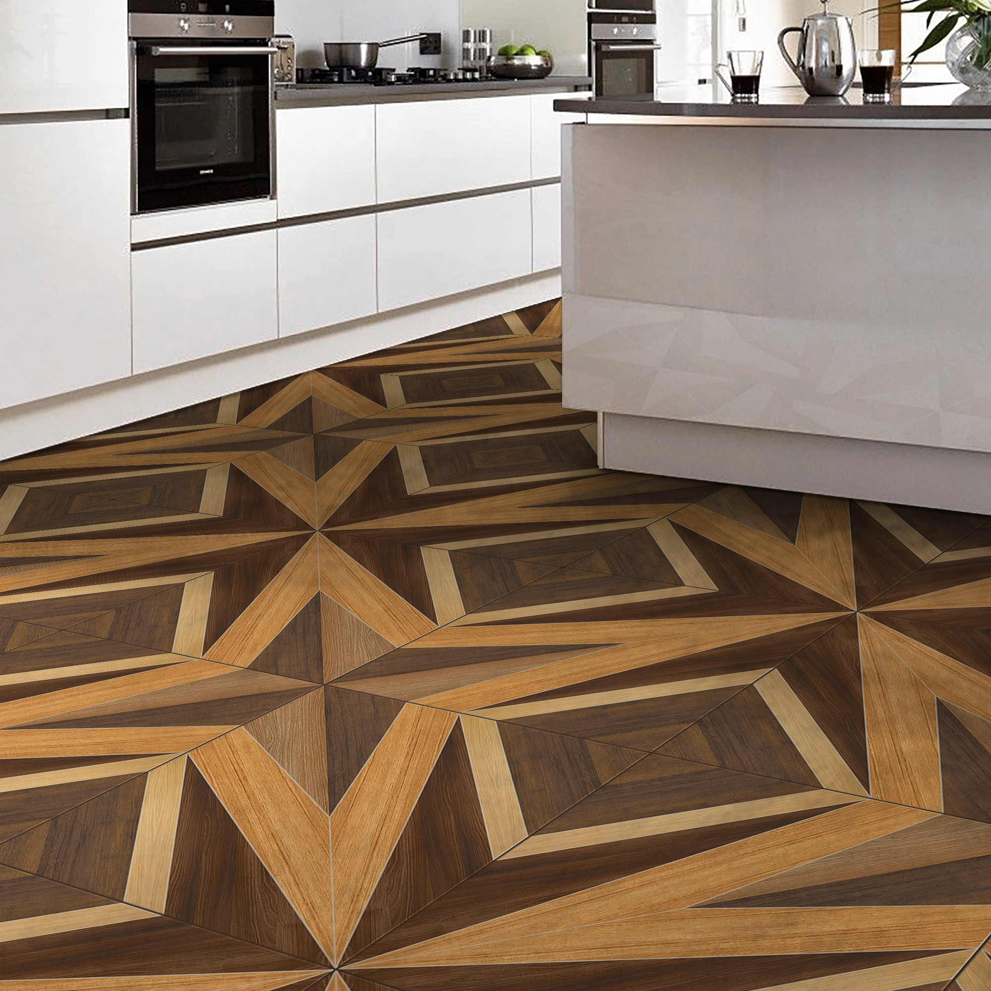 Cocina con muebles blancos y piso de cerámica madera Stelar, colección Ecos de Cerámicos Gala