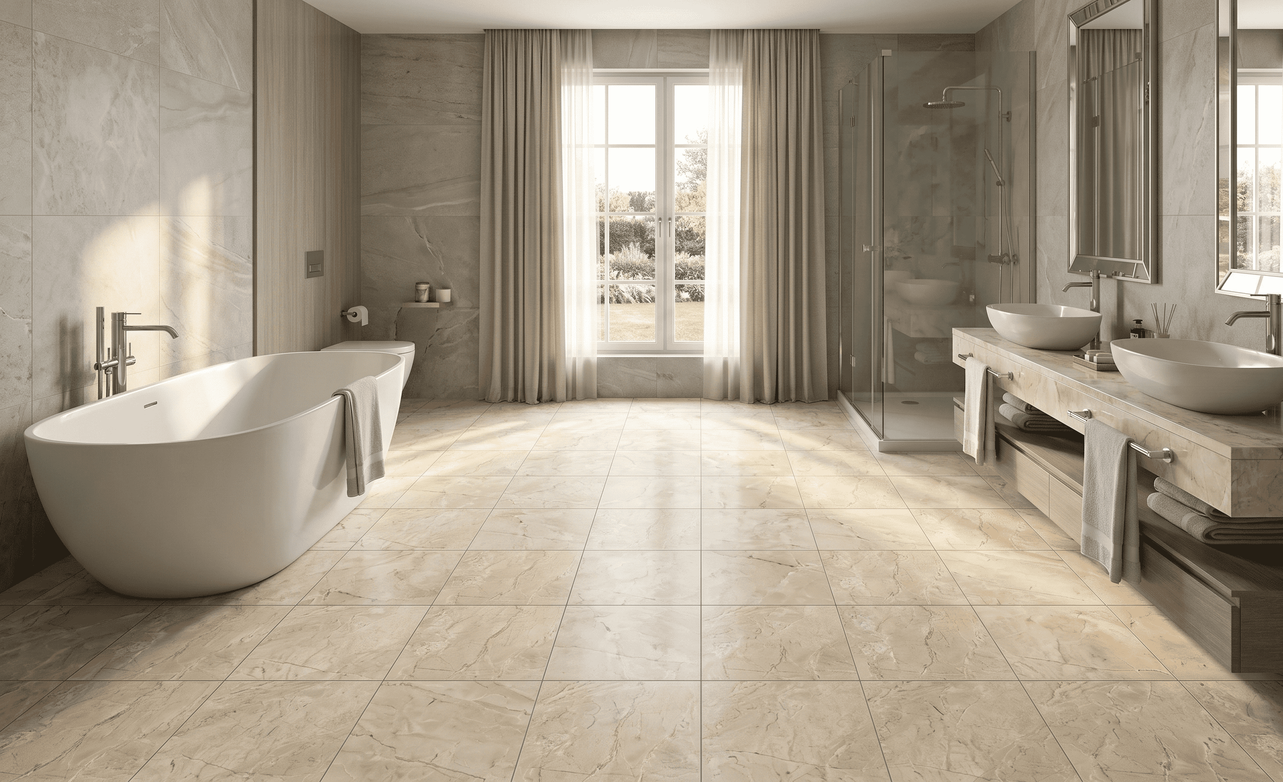 Baño espacioso con buena iluminación, bañera blanca y piso de cerámica mármol Roccia, colección Ecos de Cerámicos Gala