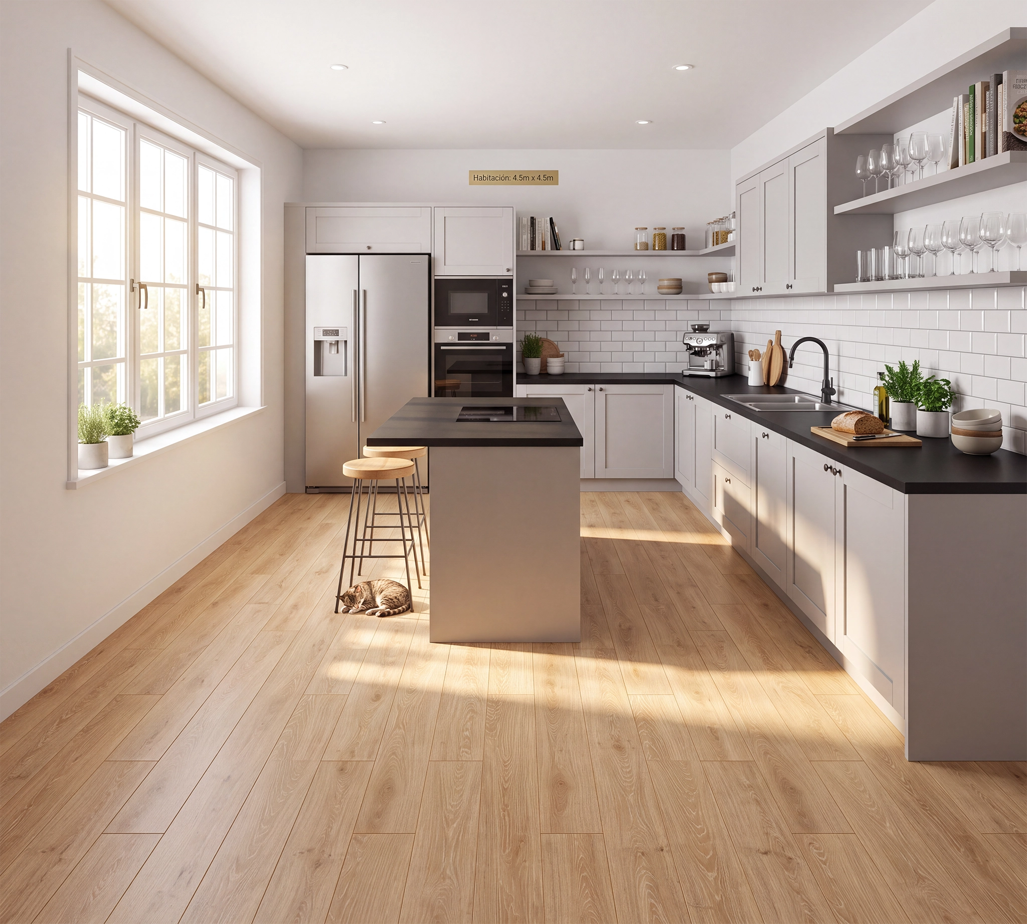 Cocina moderna luminosa con isla centra y piso de cerámica madera Nuance Beige, colección Sylva de Cerámicos Gala